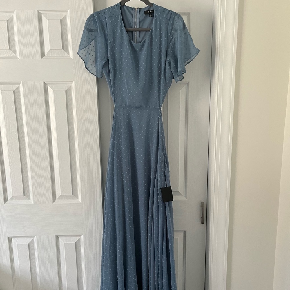 NEVER WORN- M-Lulus slate blue Swiss dot maxi dress - Picture 3 of 6
